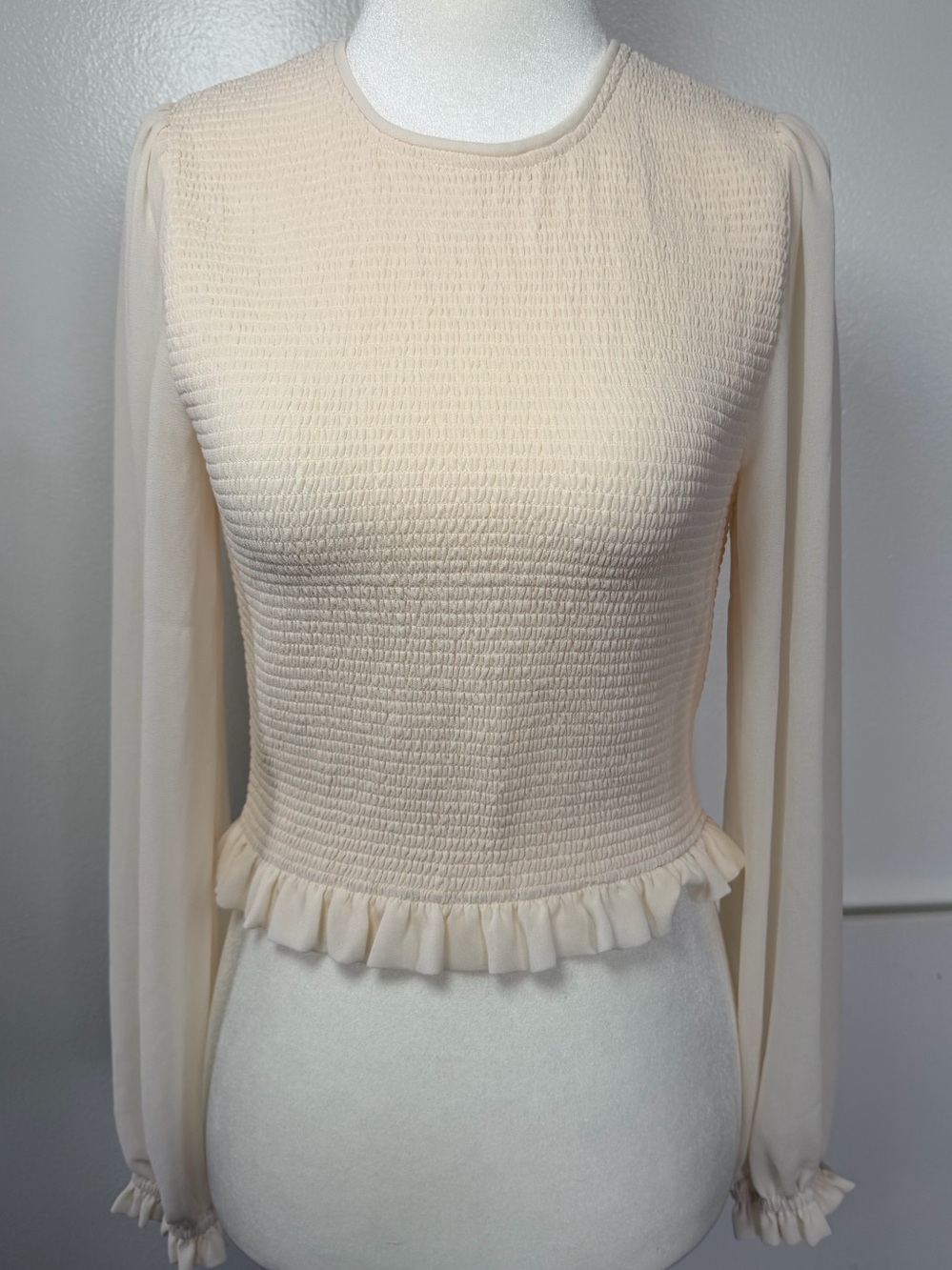 Quince Ivory Smocked Long Sleeve Ruffle Blouse M
